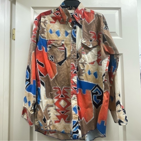 Wrangler Western Retro Abstract Print Long Sleeve Shirt Color Block 16 1/2 - Picture 3 of 16